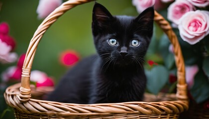 Cute black kitten in basket with a background of pink roses