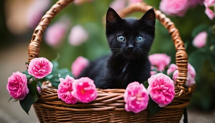Small black kitten in a basket - pink roses in the background