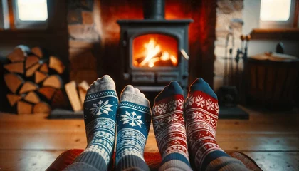 Tuinposter Winter scene of a couple by fireplace, feet in cozy woolen socks © ibreakstock