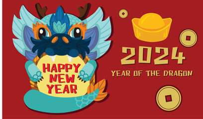 cute Dragon holding new year tag- Year of dragon Vector illustration. cute character with gold ingot.