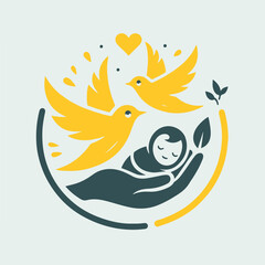 Baby on the hand, palm. Symbol of care, kindness, family, children, parents