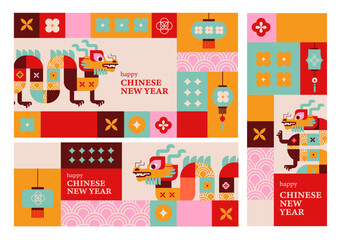 Posters Set for 2024 Chinese New Year. Vector illustration. Asian Clouds, Lanterns, Dragon and Flowers 