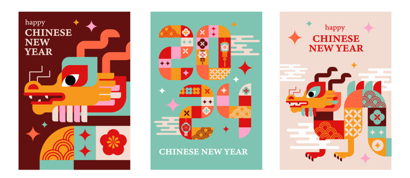 Posters Set for 2024 Chinese New Year. Vector illustration. Asian Clouds, Lanterns, Dragon and Flowers 