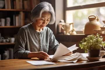A mature asian woman reads a letter, annoyed and worried - obrazy, fototapety, plakaty