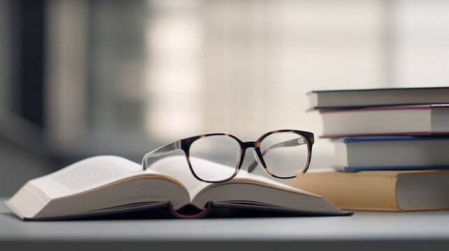 An open book lies on a table with glasses on top of it. AI Generated