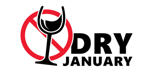 Dry january, that is an annual alcohol free month after the new year holiday. No alcohol during this . Stop drinking or alcohols drink. Vector wine bottle and glass. 