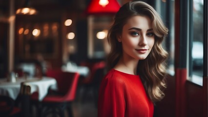Obraz premium Happy beautiful girl on red dress on a restaurant cafe background from Generative AI