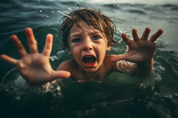 Drowning child boy with a very frightened face and raising his hands screams asking for help in the water of a river, lake, sea