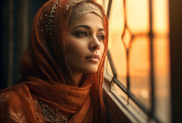 A mature arab woman sits at a window looking thoughtful and desperate