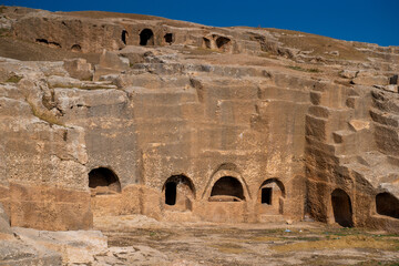 Ruins of rock cut building in Dara ancient city. Mardin, Turkey.