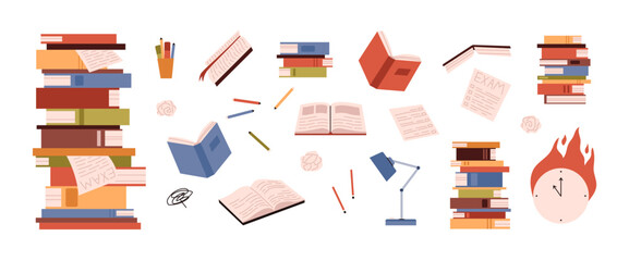 High pile of books burning hours, crumpled sheets and pencils, school literature and encyclopedias, exam education set