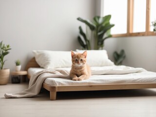 Funny cat lying on bed in modern interior, Generative AI