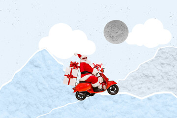 Creative abstract template collage of funny santa claus scooter have fun delivery new year snowy...