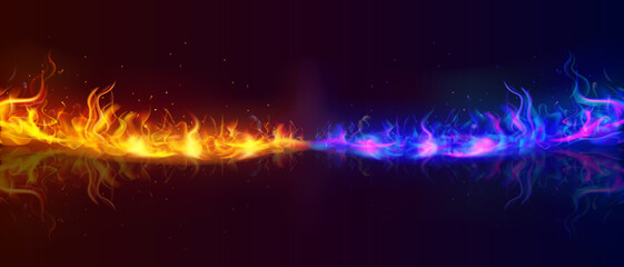 Fire collision red and blue background, versus banner. Powerful colored fire and the flash from the collision. Confrontation concept, competition vs match game. Battle game background. Versus Vector - obrazy, fototapety, plakaty
