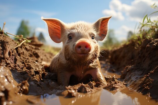 Un porcelet dans la boue par une journ&eacute;e ensoleill&eacute;e. A piglet in the mud on a sunny day.