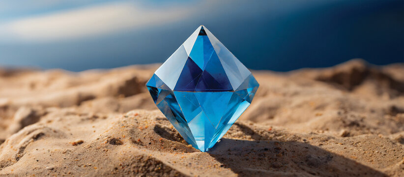 A crystal tetrahedron on sandy terrain under a clear sky. - Powered by Adobe