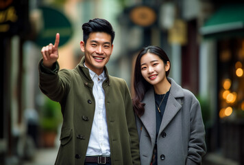 Attractive asian couple pointing index fingers towards camera