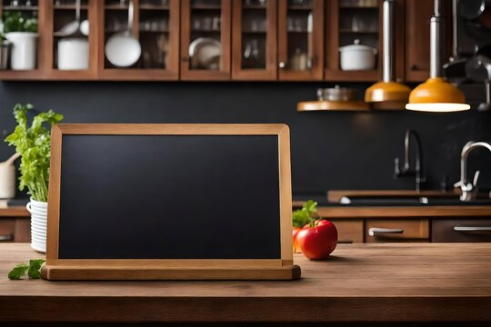For product displays or montage, use a blank chalkboard on a wooden table with a blurry kitchen background