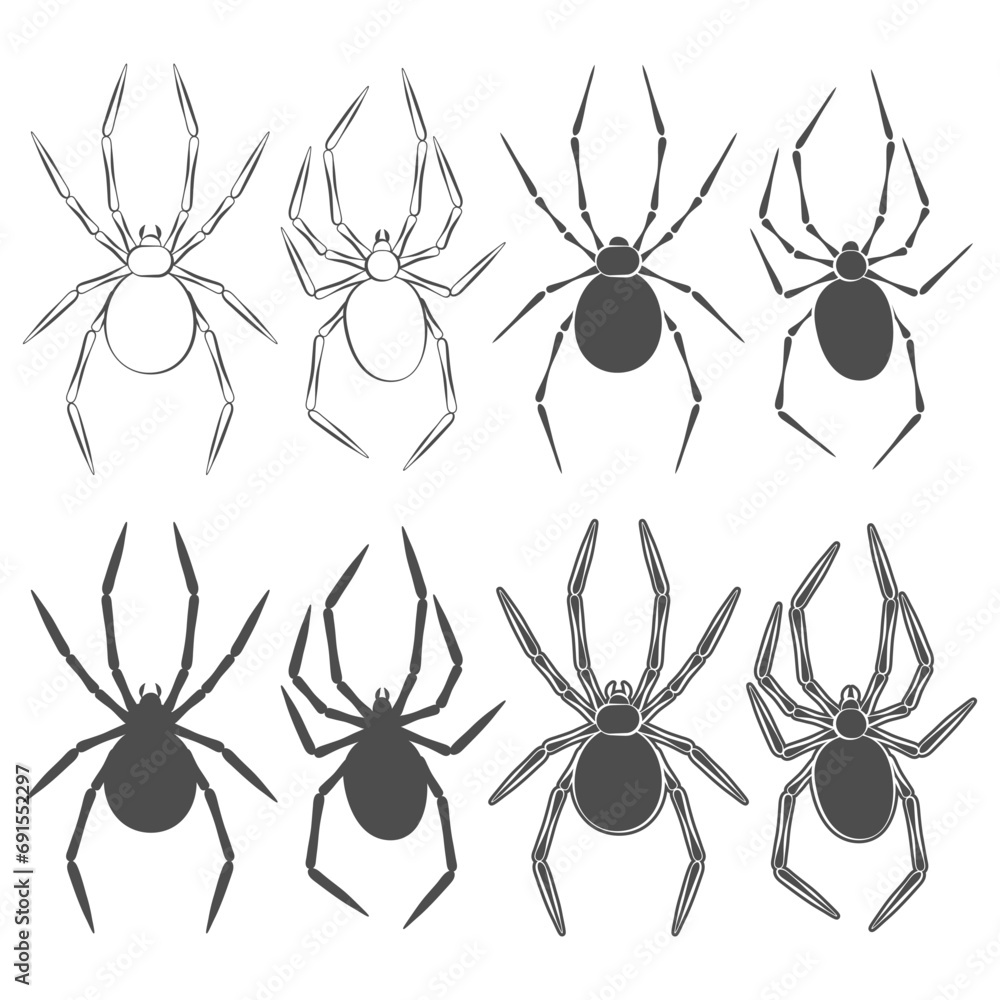 Aufkleber set of black and white illustrations with spider. isolated vector objects on white background.