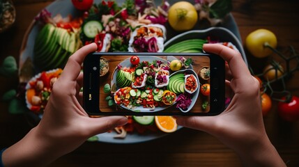 Overhead shot of woman capturing food with phone. Mobile food imagery for social platforms.