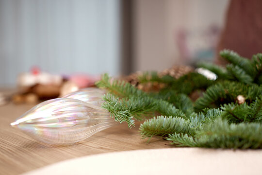 Homemade Craft christmas tools and decorations on table