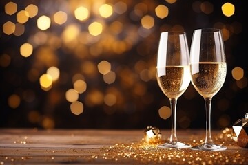 2 coupes de champagne sur un fond doré festif. 2 glasses of champagne on a festive golden background. - obrazy, fototapety, plakaty
