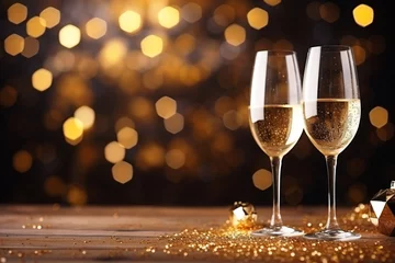 Foto op Plexiglas 2 coupes de champagne sur un fond doré festif. 2 glasses of champagne on a festive golden background. © Jerome Mettling