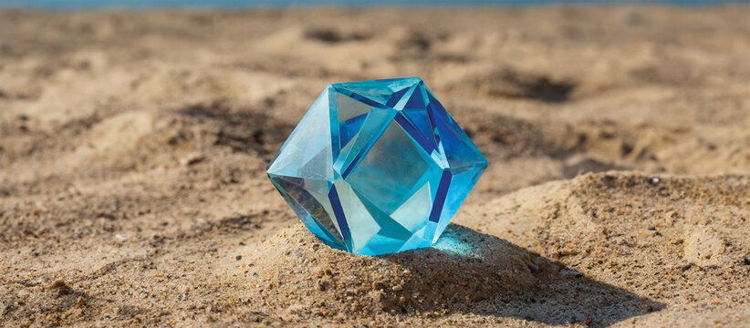A crystal tetrahedron on sandy terrain under a clear sky.