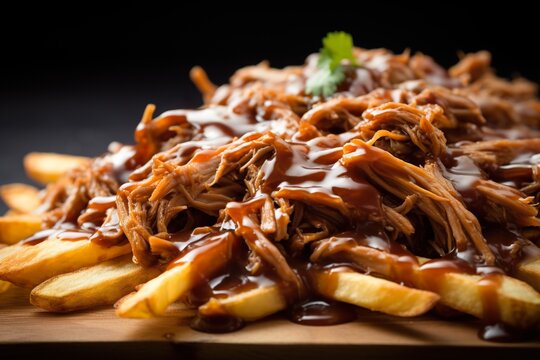 Gros plan sur une poutine au porc effiloch&eacute;. Close-up of a pulled pork poutine.