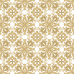 Golden seamless ornamental laced  vector pattern, on white background