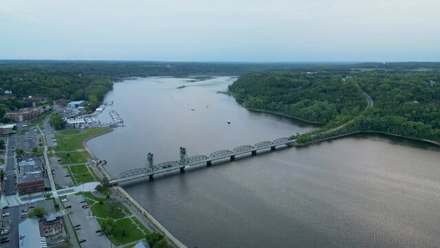 Morning Aerial over bridge on blue St Croix River in Stillwater Minnesota.