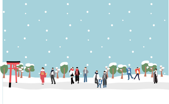 雪が降る中新年に初詣に向かう冬服の人々