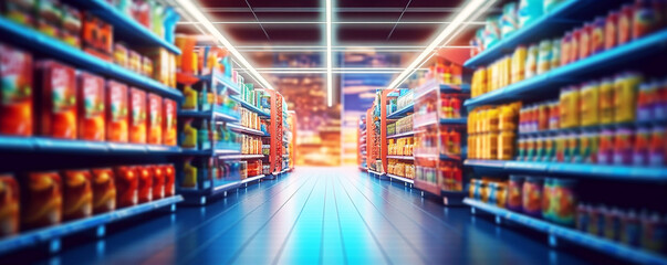 Supermarket shopping experience: exploring aisles and shelves of diverse products, 
consumer choices:  products showcased on supermarket shelves , 
Discover the convenience and variety that awaits - obrazy, fototapety, plakaty