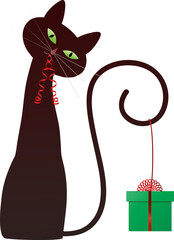 Illustrated black cat with red ribbon in its mouth and a wrapped gift hanging on its tail with red ribbon 