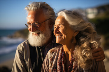 Senior pair hugging by the sea savoring retirement and unity