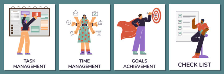 Set of posters or vertical banners about productivity flat style