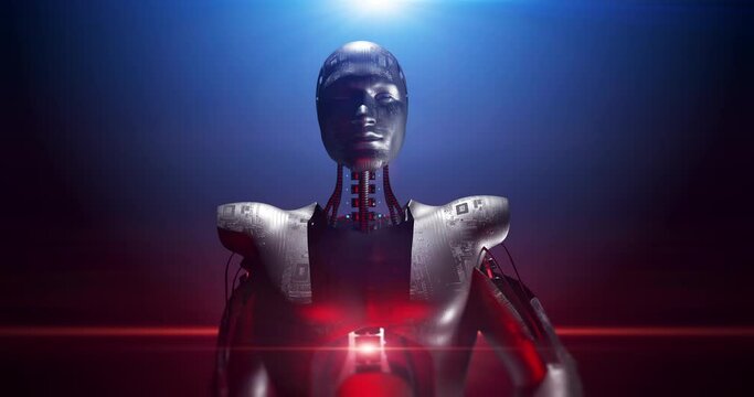 Futuristic AI Military Robot Walking Confidently. Lasers And Lights Around. Technology Related 3D Animation.