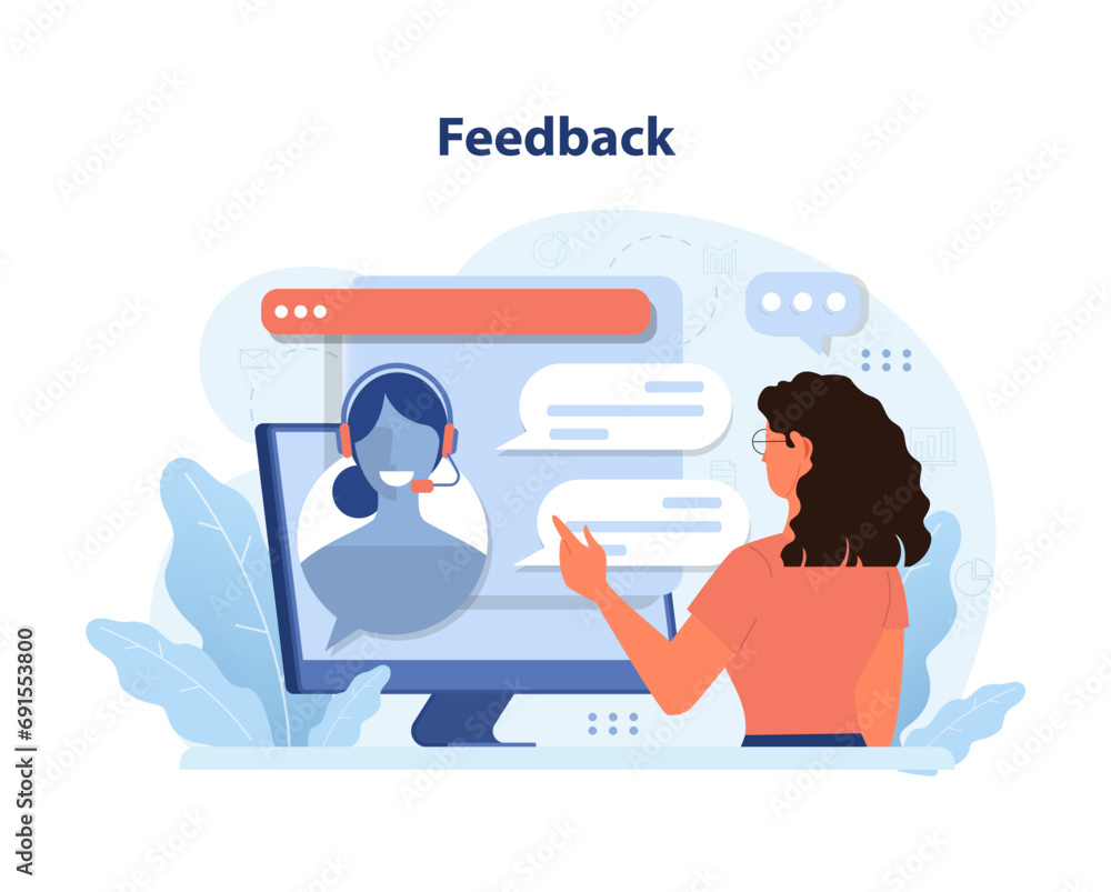 Poster feedback concept. woman interacts with virtual assistant on computer. sharing insights, discussing i