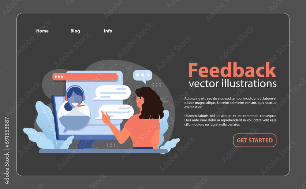 Poster feedback concept. woman interacts with virtual assistant on computer. sharing insights, discussing i