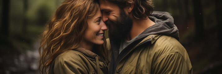 Loving couple holding each other beside a forest road, with the woman smiling and her eyes shut