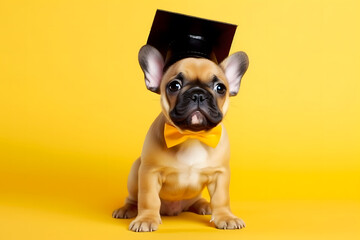 Graduate puppy dog on yellow background. Neural network AI generated art