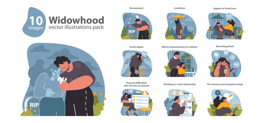 Widowhood set. Navigating life after a spouse's death. Grieving process, social challenges, and finding hope. Flat vector illustration.