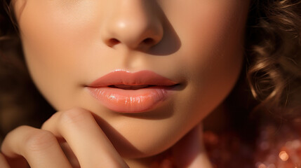 A close-up shot capturing the nuanced details of a woman's lips and chin, bathed in the warm Peach Fuzz 2024 color light, highlighting the beauty of simplicity.