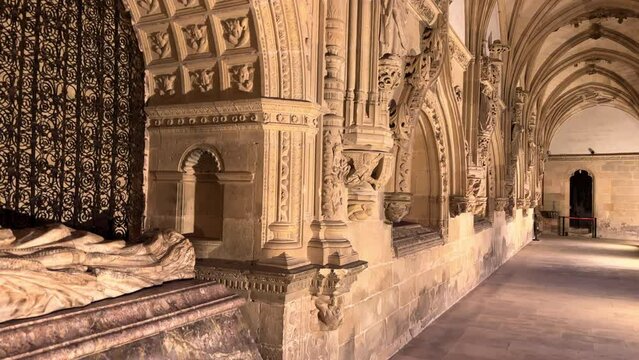 Gothic cloister of Benedictine monastery of San Salvador de Ona in Burgos, Castile and Leon, Spain. High quality 4k footage