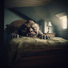 Disconcerting Grotesque Creepy Monster in Bed - obrazy, fototapety, plakaty