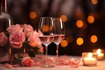 Beautiful table setting with glasses of wine, candles and rose