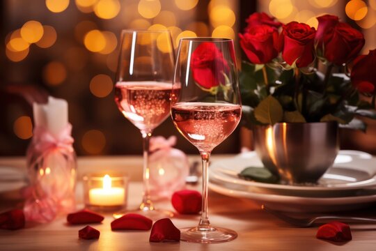 Beautiful table setting with glasses of wine, candles and rose