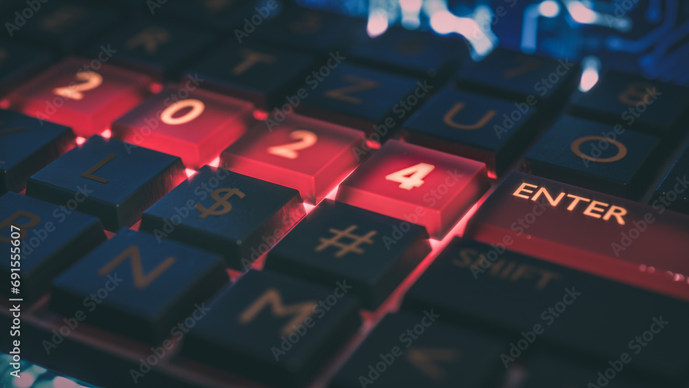 Poster close up view of keyboard with red light on 2024 number keys and enter key. technical concept for en