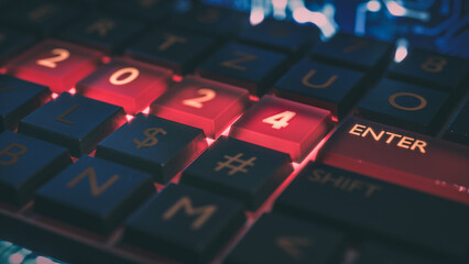 Close up view of keyboard with red light on 2024 number keys and enter key. Technical concept for entrance or start to new year. Happy new year, 2024. 3D rendering.