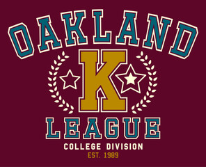 Oakland College varsity graphic for apparel, t shirt, tee, sweatshirt